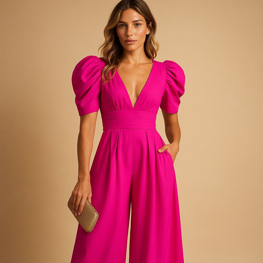 Elegant long jumpsuit for women named Clara with tailored fit and flowing silhouette, available in peach, black, yellow, turquoise, and rose red.