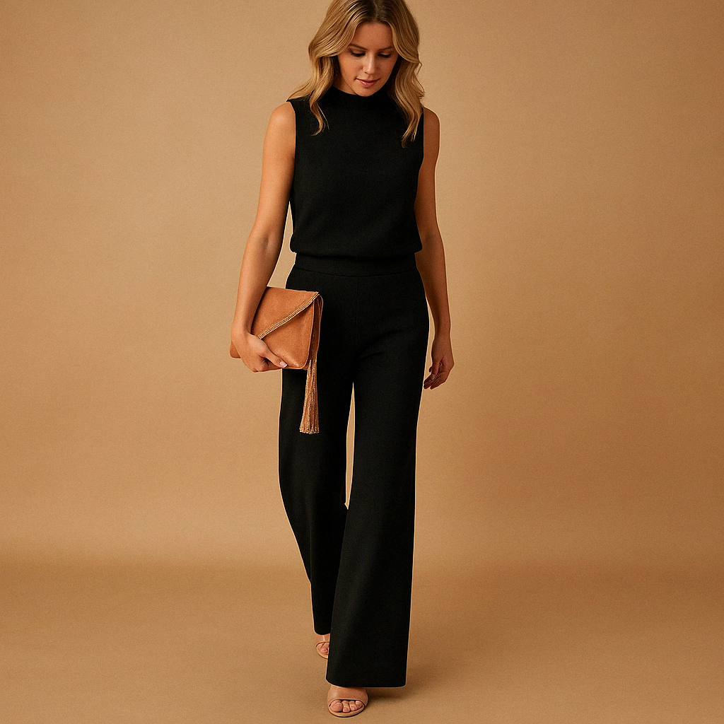 Elegant wide leg jumpsuit for women named Harper with round neckline, mid-waist fit, and flowing silhouette, available in pink, red, blue, and black.