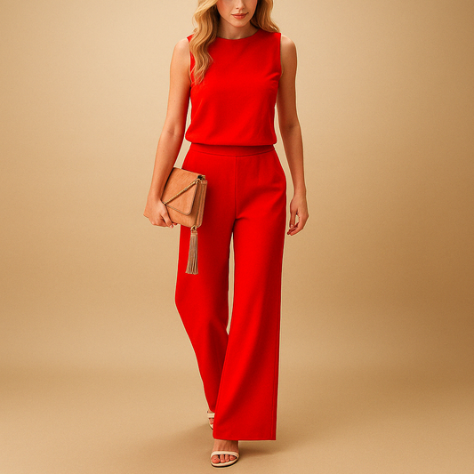 Elegant wide leg jumpsuit for women named Harper with round neckline, mid-waist fit, and flowing silhouette, available in pink, red, blue, and black.