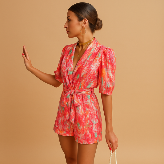 Short summer jumpsuit for women named Layla with belted waist and vibrant print, ideal for warm days, casual outings, and summer evenings.