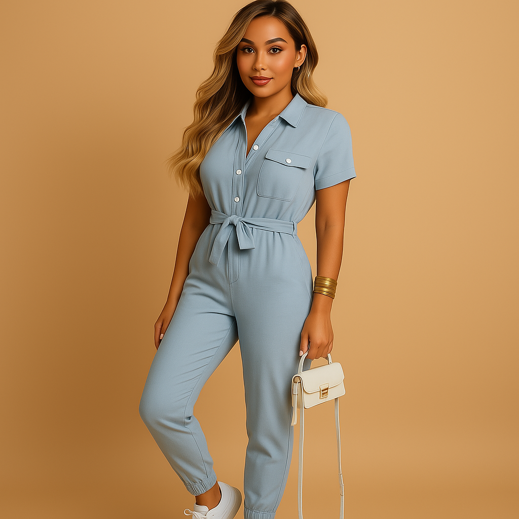 Tailored jumpsuit for women named Sophia with button closure and flattering silhouette, perfect for office wear, social occasions, and evening outings.