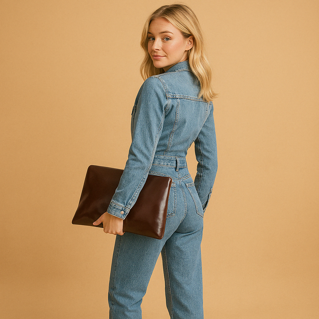 Denim jumpsuit for women named Clara with long sleeves and straight-leg silhouette in blue, perfect for casual wear, work, or everyday style.