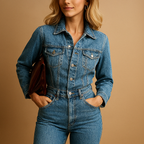 Denim jumpsuit for women named Clara with long sleeves and straight-leg silhouette in blue, perfect for casual wear, work, or everyday style.