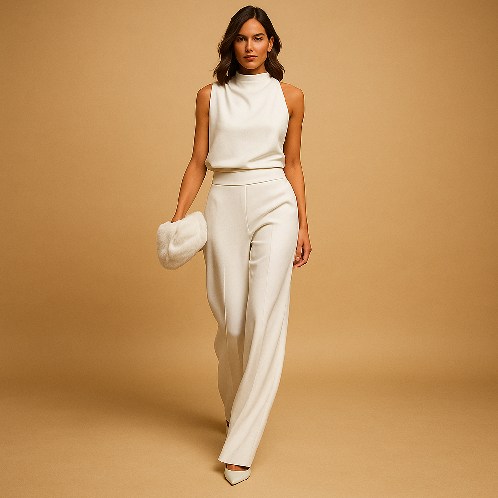 Elegant women’s jumpsuit named Sophia with halter neck, wide legs, high waist, decorative bow, and pockets. Perfect for dinners, parties, and evening wear.