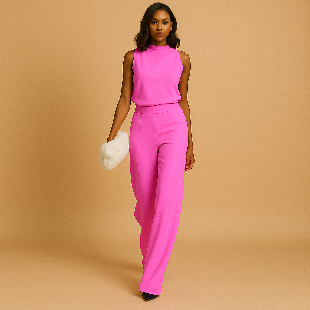 Elegant women’s jumpsuit named Sophia with halter neck, wide legs, high waist, decorative bow, and pockets. Perfect for dinners, parties, and evening wear.