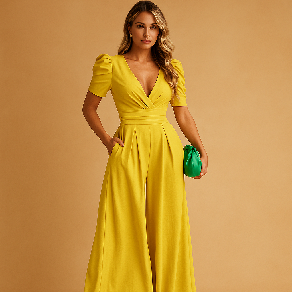 Elegant long jumpsuit for women named Clara with tailored fit and flowing silhouette, available in peach, black, yellow, turquoise, and rose red.
