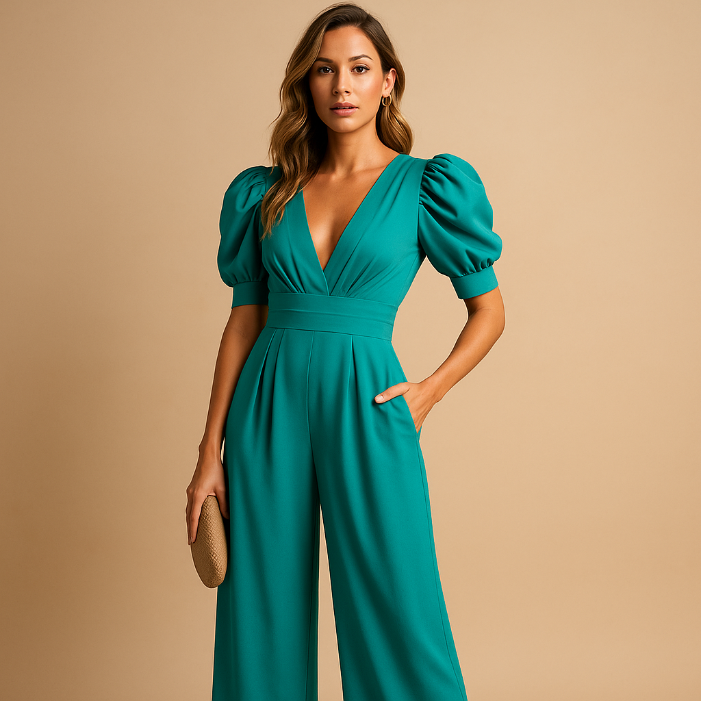 Elegant long jumpsuit for women named Clara with tailored fit and flowing silhouette, available in peach, black, yellow, turquoise, and rose red.