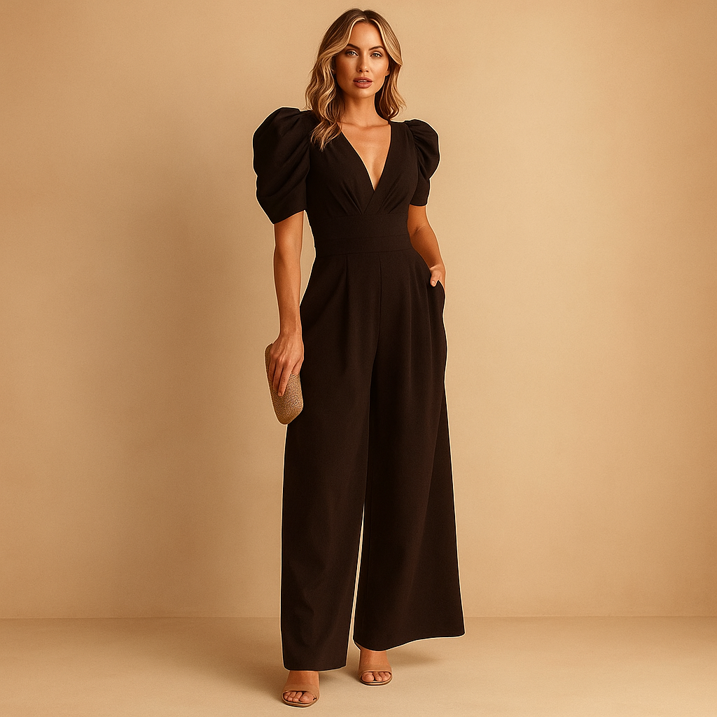 Elegant long jumpsuit for women named Clara with tailored fit and flowing silhouette, available in peach, black, yellow, turquoise, and rose red.
