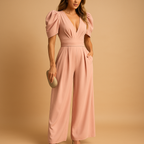 Elegant long jumpsuit for women named Clara with tailored fit and flowing silhouette, available in peach, black, yellow, turquoise, and rose red.