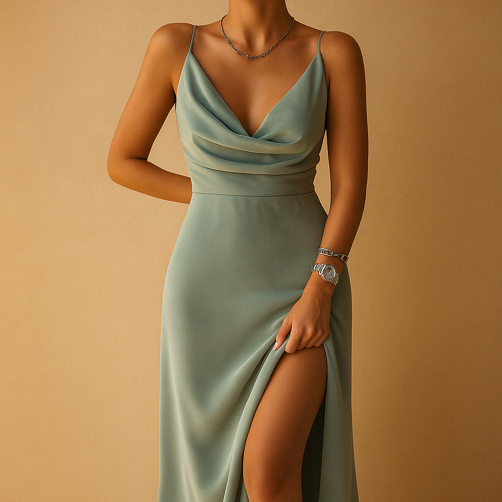 Elegant maxi dress for women named Sophia with a flowing fit and V-neck, ankle-length design, perfect for weddings, galas, and formal events.