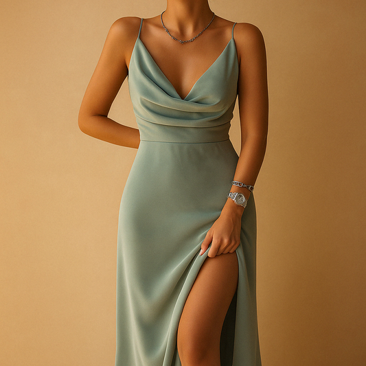 Elegant maxi dress for women named Sophia with a flowing fit and V-neck, ankle-length design, perfect for weddings, galas, and formal events.