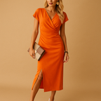 Elegant midi dress with slit for women named Sophia, featuring a V-neckline and flowing fit, perfect for dinners, parties, and daily wear.