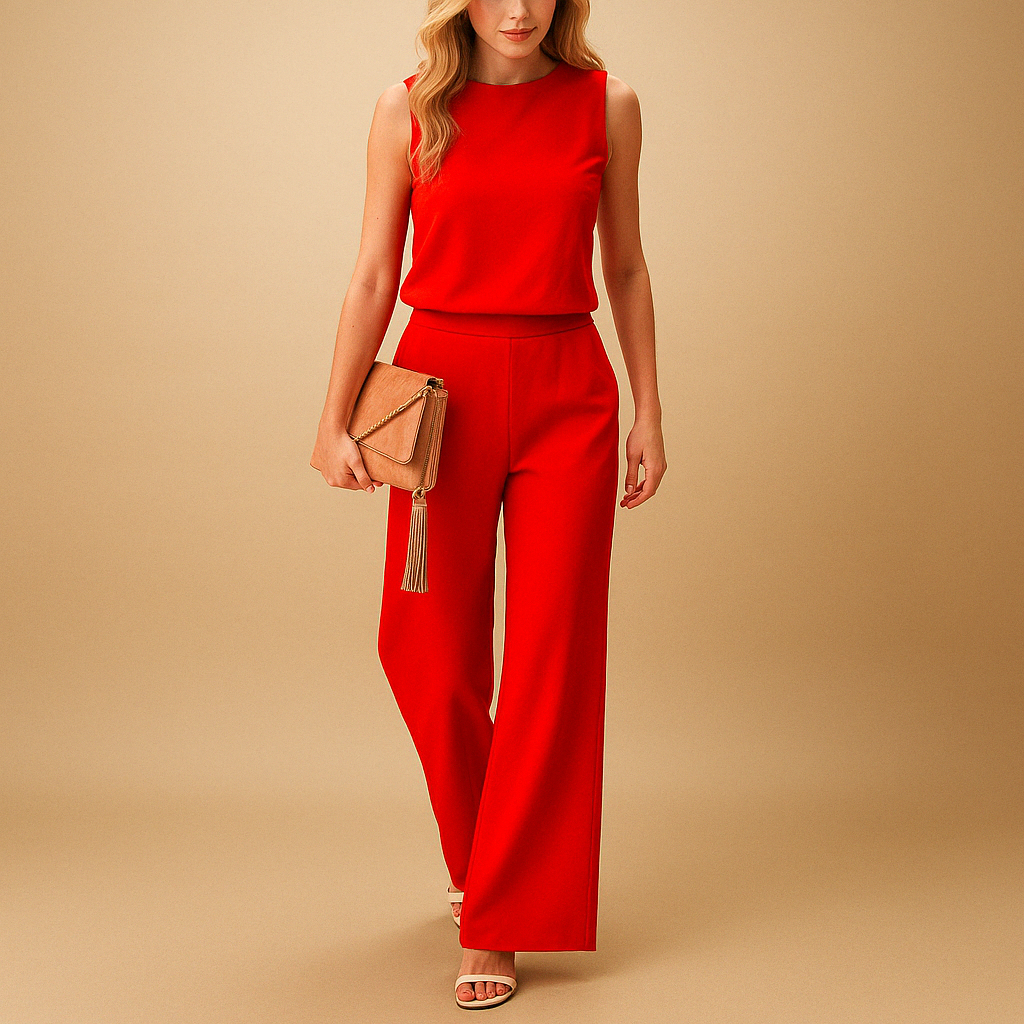 Elegant wide leg jumpsuit for women named Harper with round neckline, mid-waist fit, and flowing silhouette, available in pink, red, blue, and black.