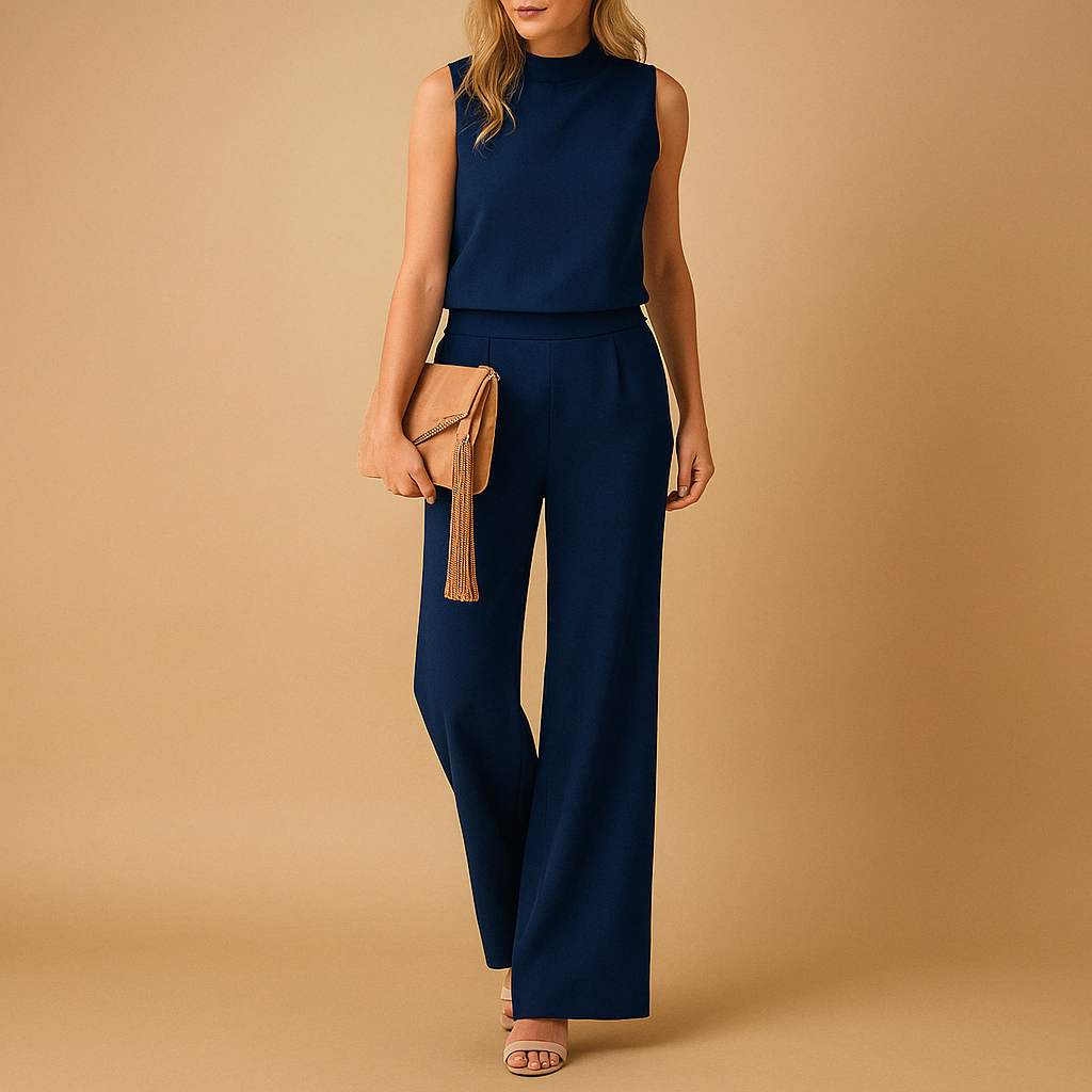 Elegant wide leg jumpsuit for women named Harper with round neckline, mid-waist fit, and flowing silhouette, available in pink, red, blue, and black.