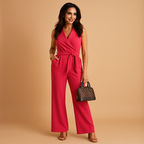 Elegant wrap jumpsuit for women named Sophia with wide legs and tailored fit, perfect for formal events, business occasions, and stylish gatherings.