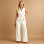 Elegant wrap jumpsuit for women named Sophia with wide legs and tailored fit, perfect for formal events, business occasions, and stylish gatherings.