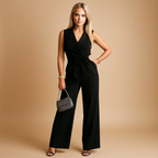 Elegant wrap jumpsuit for women named Sophia with wide legs and tailored fit, perfect for formal events, business occasions, and stylish gatherings.