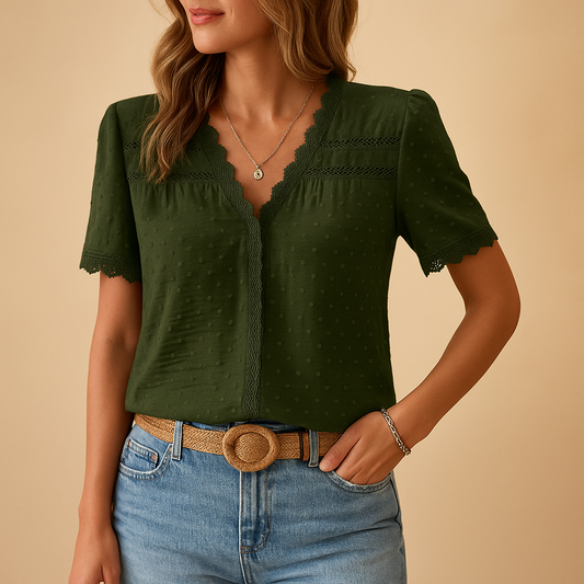 Lace v-neck blouse for women featuring delicate lace details and a flattering fit. Available in multiple colors, ideal for work, evenings, or occasions.