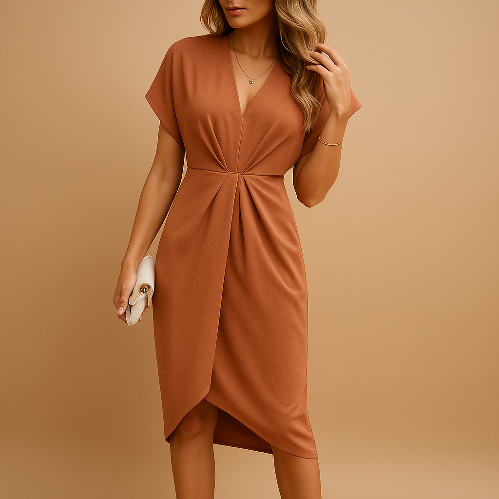 Midi wrap dress for women named Clara with a flattering fit and timeless design, perfect for work, social gatherings, and dinner dates.