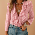 Ruffle butterfly print blouse for women with long sleeves, light tailored fit, and playful details. Ideal for work, casual, or formal occasions.