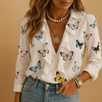 Ruffle butterfly print blouse for women with long sleeves, light tailored fit, and playful details. Ideal for work, casual, or formal occasions.