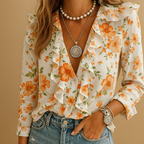 Ruffle butterfly print blouse for women with long sleeves, light tailored fit, and playful details. Ideal for work, casual, or formal occasions.