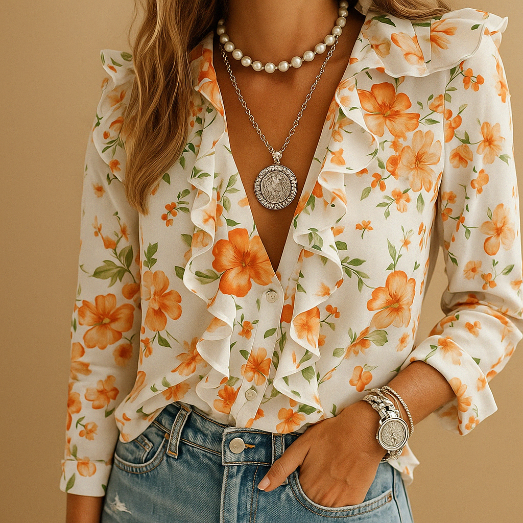 Ruffle butterfly print blouse for women with long sleeves, light tailored fit, and playful details. Ideal for work, casual, or formal occasions.