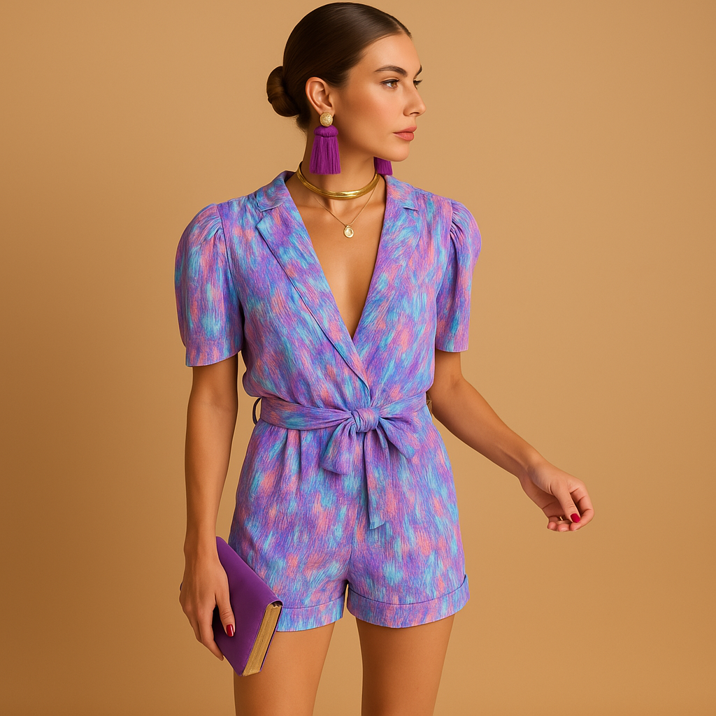 Short summer jumpsuit for women named Layla with belted waist and vibrant print, ideal for warm days, casual outings, and summer evenings.