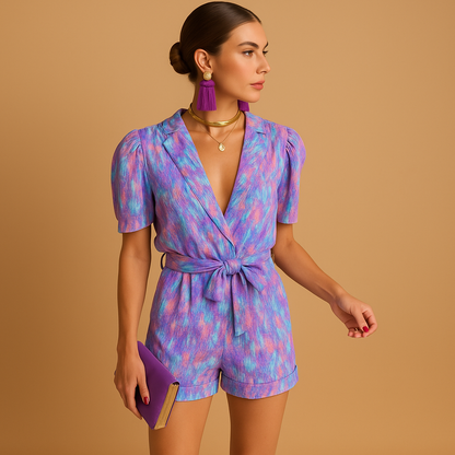 Short summer jumpsuit for women named Layla with belted waist and vibrant print, ideal for warm days, casual outings, and summer evenings.