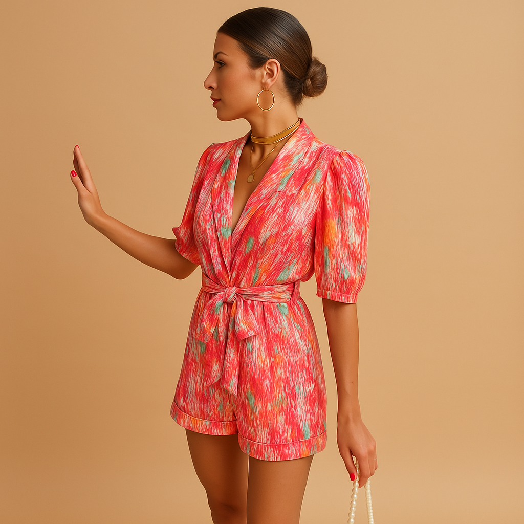 Short summer jumpsuit for women named Layla with belted waist and vibrant print, ideal for warm days, casual outings, and summer evenings.