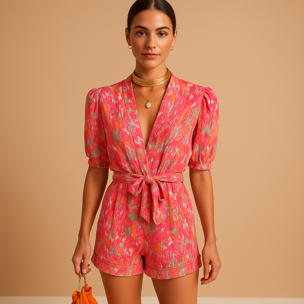 Short summer jumpsuit for women named Layla with belted waist and vibrant print, ideal for warm days, casual outings, and summer evenings.