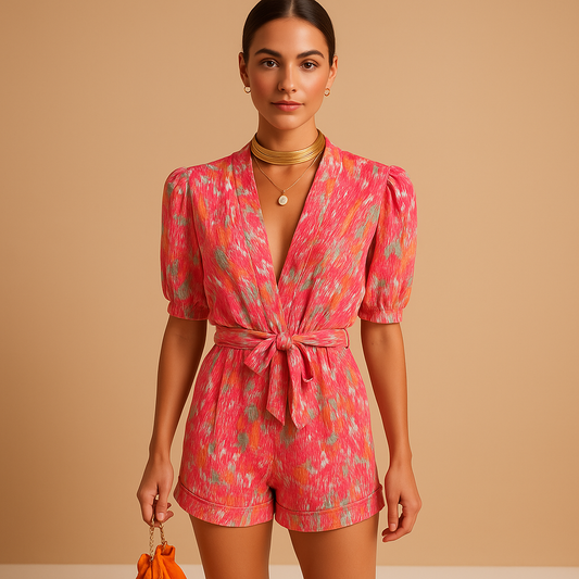 Short summer jumpsuit for women named Layla with belted waist and vibrant print, ideal for warm days, casual outings, and summer evenings.