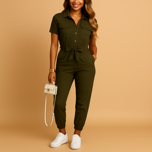 Tailored jumpsuit for women named Sophia with button closure and flattering silhouette, perfect for office wear, social occasions, and evening outings.