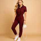 Tailored jumpsuit for women named Sophia with button closure and flattering silhouette, perfect for office wear, social occasions, and evening outings.