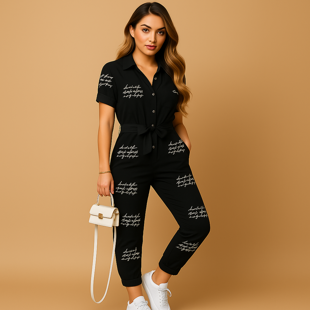 Tailored jumpsuit for women named Sophia with button closure and flattering silhouette, perfect for office wear, social occasions, and evening outings.