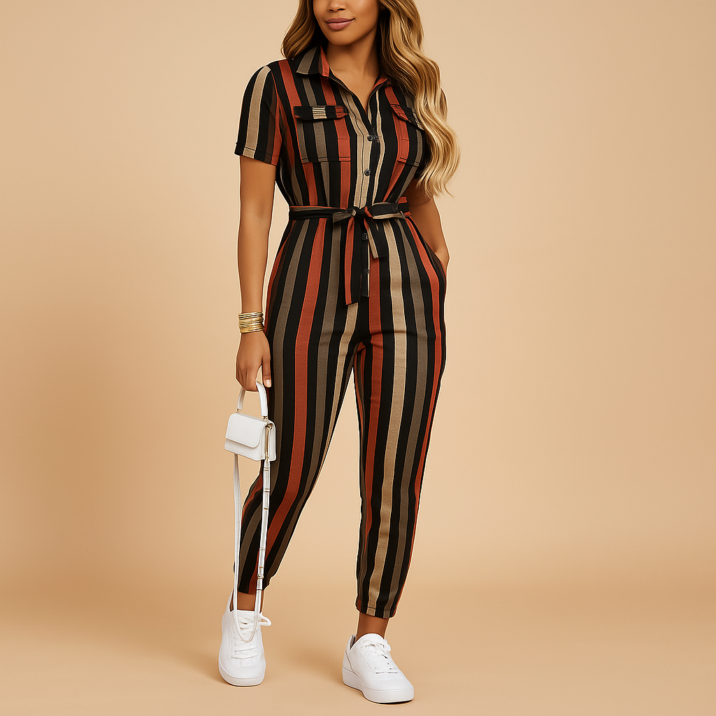 Tailored jumpsuit for women named Sophia with button closure and flattering silhouette, perfect for office wear, social occasions, and evening outings.