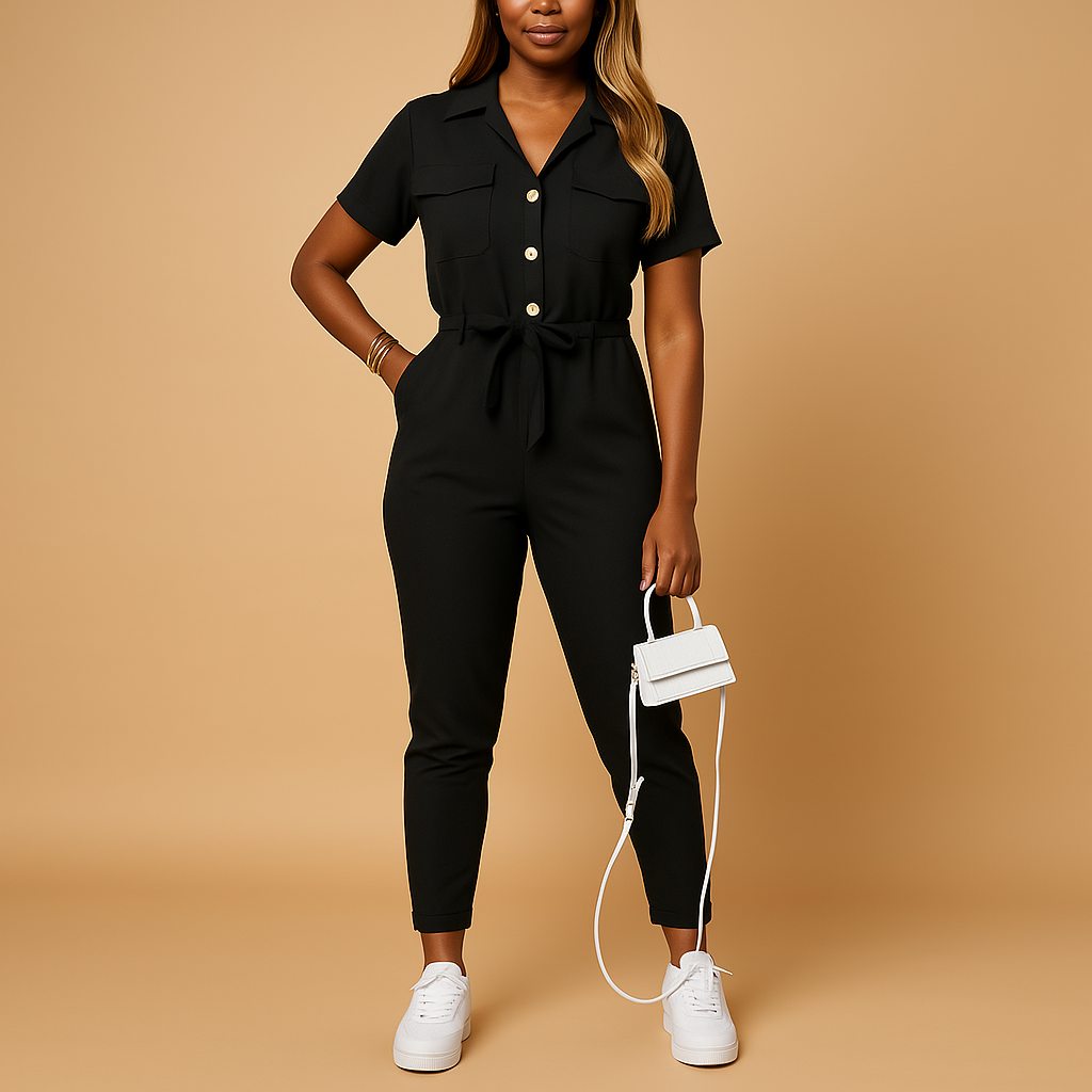Tailored jumpsuit for women named Sophia with button closure and flattering silhouette, perfect for office wear, social occasions, and evening outings.