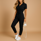 Tailored jumpsuit for women named Sophia with button closure and flattering silhouette, perfect for office wear, social occasions, and evening outings.